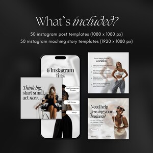 May include: A mockup of a smartphone screen displaying six Instagram tips: Use Engagement Groups, Tell Stories, Adapt, Think Big, Start Small, Act Now. The screen is surrounded by three Instagram post templates featuring a woman in a white crop top and black pants, a woman in a white crop top and black pants, and a woman in a white crop top and black pants. The text on the post templates reads: Social Media Planner Workflow, Need Help Growing Your Business? Our team will work with you to develop a custom marketing plan tailored to your needs and goals.