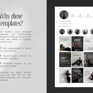 May include: A digital product mockup featuring Instagram templates. The templates are designed to elevate a brand's presence with a cohesive, premium look. The image includes text: "Why these templates?" and "Download our digital product today."