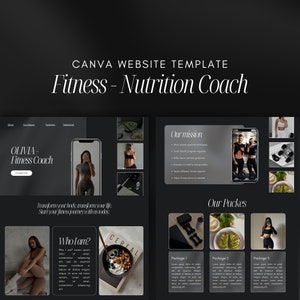 Puede incluir: Una plantilla de sitio web para un entrenador de fitness y nutrición. La plantilla presenta un fondo negro con texto blanco e imágenes de una mujer haciendo ejercicio y comiendo alimentos saludables. El texto incluye las palabras "Olivia - Entrenador de fitness", "Transforma tu cuerpo, transforma tu vida", "¿Quién soy yo?", "Nuestra misión" y "Nuestros paquetes".