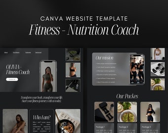 May include: A website template for a fitness and nutrition coach. The template features a black background with white text and images of a woman working out and eating healthy food. The text includes the words "Olivia - Fitness Coach", "Transform your body, transform your life", "Who I am?", "Our mission", and "Our Packages".