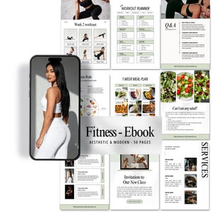 Peut inclure: Un ebook de fitness esthétique et moderne de 50 pages. L'image présente une femme en tenue d'entraînement blanche, des plans d'entraînement, des plans de repas et des sections de questions-réponses. L'ebook comprend le texte "Week 2 workout", "Workout Planner", "1 Week Meal Plan", et "Invitation to Our New Class".
