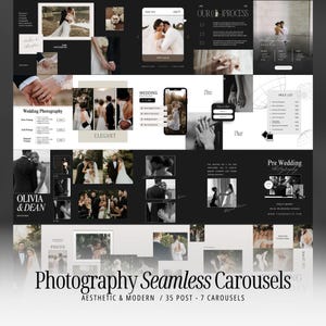 May include: Aesthetic and modern photography seamless carousels, with 35 posts and 7 carousels. The design includes wedding photography examples, price lists, and the text "Olivia & Dean."