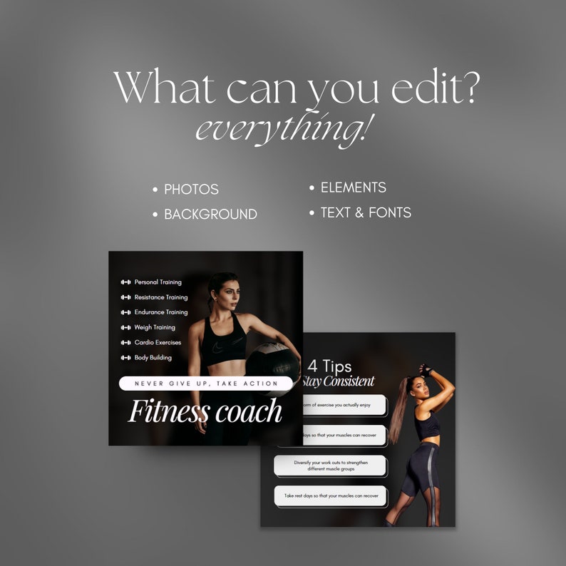 Op de afbeelding: Twee zwart-witte social media berichten voor een fitnesscoach. De linker post toont een vrouw die een medicijnbal vasthoudt en tekst die luidt "Nooit opgeven, actie ondernemen. Fitnesscoach". De rechter post toont een vrouw in zwarte leggings en een zwarte sportbeha en tekst die luidt "4 tips Blijf consistent".