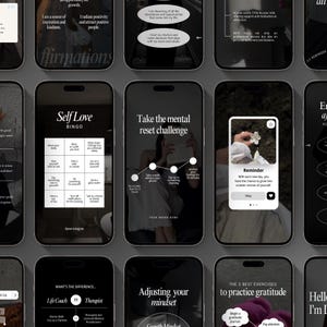 Pode incluir: Uma coleção de telas de smartphone exibindo vários modelos de redes sociais com fundos escuros e texto branco. Os designs apresentam cartões de bingo de amor-próprio, desafios de reinicialização mental e exercícios de gratidão.