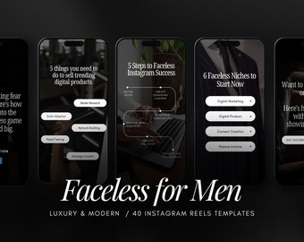 May include: A collage of four smartphone screens with tips for building a successful online business. The screens feature text and graphics related to digital marketing, social media, and online business strategies. The text on the screens includes phrases like "Faceless for Men", "5 Steps to Faceless Instagram Success", "6 Faceless Niches to Start Now", and "5 things you need to do to sell trending digital products".