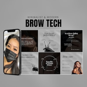 Puede incluir: Un collage de imágenes con consejos e información sobre la laminación, el teñido y el cuidado de las cejas. Las imágenes incluyen a una mujer con las cejas laminadas, una mano sosteniendo herramientas para cejas y una mujer con cejas de henna. El texto incluye las palabras "Brow Tech", "¿Cómo conseguir cejas perfectas?", "¿Es el teñido de cejas para mí?", "¿Qué es la laminación de cejas?", "Consejos antes de tu cita para las cejas", "Beneficios de las cejas de henna" y "Cuidado de las cejas".