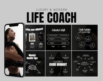 May include: Black and white graphic design with text that reads "LUXURY & MODERN LIFE COACH" and includes tips for mental health, mindset, and daily habits. The graphic design includes a black and white image of a person with a black background.