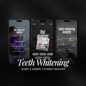 Puede incluir: Tres pantallas de teléfonos inteligentes que muestran los servicios de una clínica dental y los beneficios del blanqueamiento dental. La primera pantalla enumera la mejor rutina oral, la segunda pantalla muestra los servicios ofrecidos y la tercera pantalla enumera los beneficios del blanqueamiento dental. El texto en las pantallas dice: "The best oral routine", "Our services", "Teeth whitening benefits", "BRUSHING TWICE A DAY", "FLOSSING DAILY", "RINSING WITH MOUTHWASH", "CLEANING THE TONGUE", "REGULAR VISITS TO THE DENTIST", "Service Name", "Service Name", "Service Name", "Service Name", "Service Name", "Non surgical", "Boosts confidence", "Perfect smile", "Covers up imperfections", "Painless procedure", "Improved Appearance", "YOUR BRAND NAME", "Teeth Whitening", "LUXURY & MODERN / 15 REELS TEMPLATES".