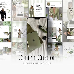 Op de afbeelding: Een collage van social media mockups en lifestyle afbeeldingen in een zachtgroene en witte kleurstelling. De centrale afbeelding toont een iPad, een fles en oordopjes. Tekst bevat "Content Creator" en "New Podcast."