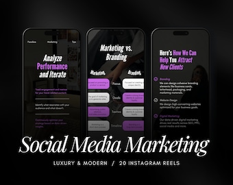 May include: Three smartphone screens with a purple and white color scheme. The first screen shows a graphic with the text "Analyze Performance and Iterate". The second screen shows a graphic with the text "Marketing vs. Branding". The third screen shows a graphic with the text "Here's How We Can Help You Attract New Clients". The text "Social Media Marketing" is displayed at the bottom of the image.