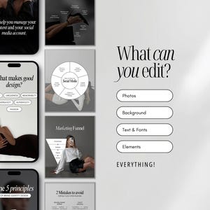 May include: A digital marketing graphic with the text "What can you edit?" and options for photos, background, text, and elements. Additional graphics include phone mockups with text about social media and design principles.
