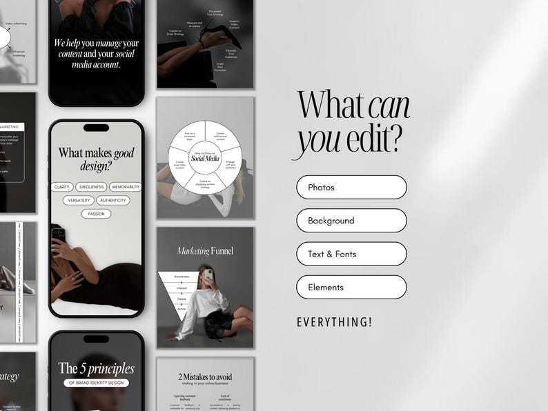 May include: A digital marketing graphic with the text "What can you edit?" and options for photos, background, text, and elements. Additional graphics include phone mockups with text about social media and design principles.