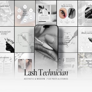 May include: A collection of social media templates for lash technicians featuring black and white educational graphics, instructional text, and a central smartphone display showing a close-up of an eyelash extension application process.