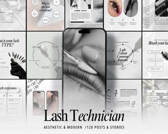 May include: A collection of social media templates for lash technicians featuring black and white educational graphics, instructional text, and a central smartphone display showing a close-up of an eyelash extension application process.