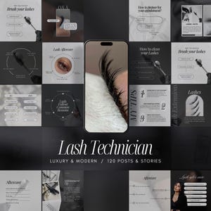 May include: A collage of images promoting lash technician services. The images feature close-ups of eyelashes, lash application tools, and text about lash care, appointment tips, and common lash fallout reasons. The text "Lash Technician" is displayed in large, bold letters.
