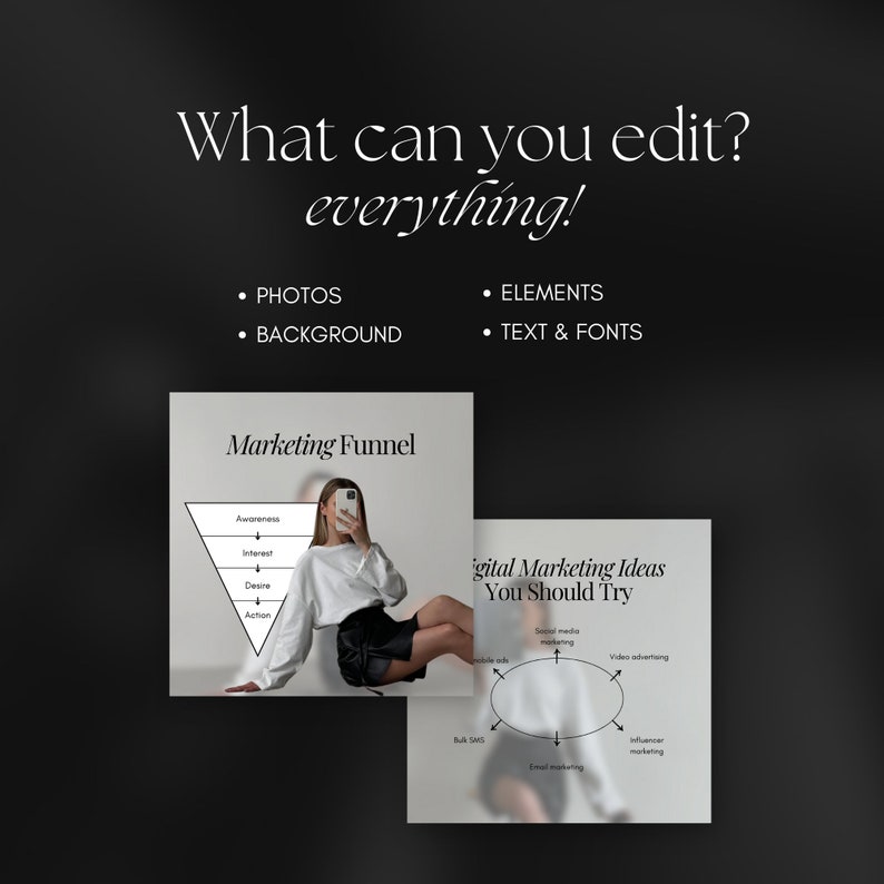 May include: A black and white graphic illustrating a marketing funnel with the words "Marketing Funnel", "Awareness", "Interest", "Desire", and "Action". A woman is taking a selfie in front of the graphic. A second graphic shows a circle with the words "Digital Marketing Ideas You Should Try" and lists different marketing strategies.