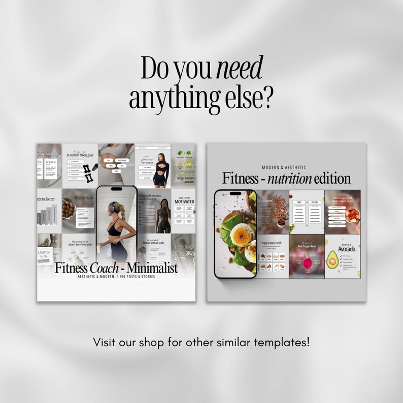 Puede incluir: Dos conjuntos de plantillas digitales para redes sociales sobre fitness y nutrici&oacute;n. El conjunto izquierdo muestra el texto Fitness Coach - Minimalist, mientras que el derecho muestra Modern & Aesthetic Fitness - nutrition edition. Incluye maquetas de smartphone.