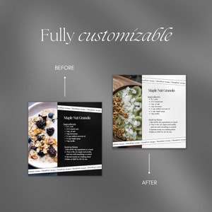 Op de afbeelding: Twee afbeeldingen die een voor en na van een recept voor maple-nut granola laten zien. De afbeelding v&oacute;&oacute;r toont een kom met granola, bessen en noten. De afbeelding na toont een kom met granola, kiwi en kokosnoot. Het recept bevat ingredi&euml;nten en instructies voor het maken van de granola.