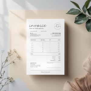 May include: A white invoice with black text, featuring the word "invoice" in a cursive font. The document includes sections for item descriptions, unit prices, quantities, and totals. The phrase "THIS IS YOUR INVOICE" is also visible.
