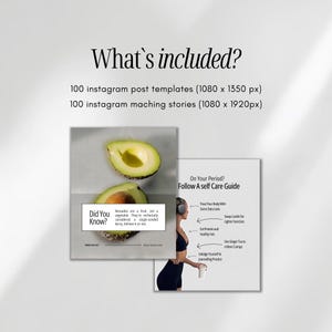 Puede incluir: Un paquete de plantillas digitales con 100 dise&ntilde;os para publicaciones de Instagram de 1080 x 1350 px y 100 para historias de 1080 x 1920 px. La imagen muestra un gr&aacute;fico de aguacate con texto y una gu&iacute;a de autocuidado para la salud menstrual.