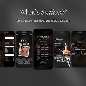 K&ouml;nnte beinhalten: Ein Satz von 20 Instagram-Reel-Vorlagen f&uuml;r Make-up-Artists. Die Vorlagen haben einen schwarzen Hintergrund mit wei&szlig;em Text und Grafiken. Die Vorlagen beinhalten eine Preisliste, ein Dienstleistungsmen&uuml;, eine Terminbuchungsseite und eine Seite f&uuml;r Make-up-Artist-Dienstleistungen.