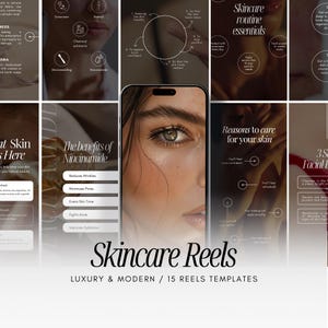 Puede incluir: Un collage de imágenes con texto sobre rutinas y productos para el cuidado de la piel. Las imágenes incluyen un primer plano de un ojo de mujer, una pantalla de teléfono con texto sobre los beneficios de la niacinamide y un gráfico con texto sobre las razones para cuidar tu piel. El texto "Skincare Reels" está en letras grandes y negritas en la parte inferior del collage.