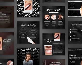 May include: A collection of social media posts for a dental practice promoting teeth whitening services. The posts feature images of teeth, before and after whitening, and text about the benefits and risks of teeth whitening. The posts also include information about the practice's services and contact information.