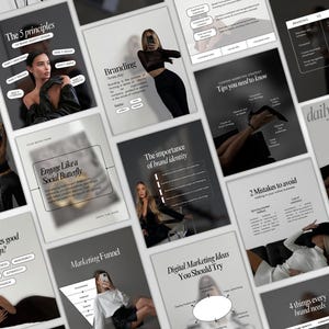 May include: A collection of social media posts with a minimalist design. The posts feature text about branding, marketing, and design, with images of people and graphics. The color palette is primarily black, white, and gray.