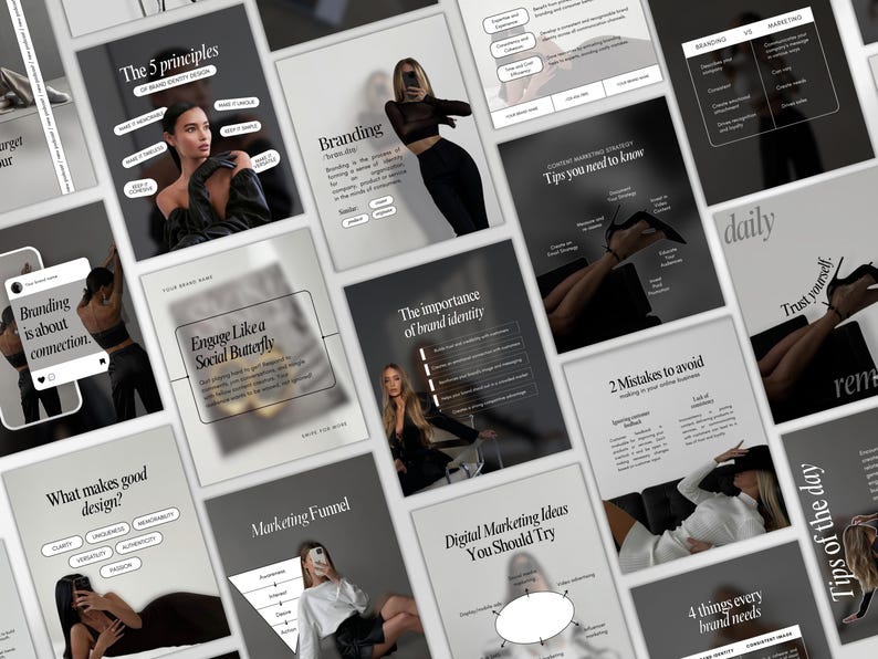 May include: A collection of social media posts with a minimalist design. The posts feature text about branding, marketing, and design, with images of people and graphics. The color palette is primarily black, white, and gray.