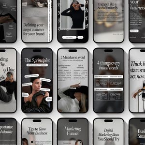 May include: A collection of smartphones displaying marketing and branding tips. Each phone screen features text and images related to business strategy, social media engagement, and brand identity. The phones are arranged in a grid pattern.