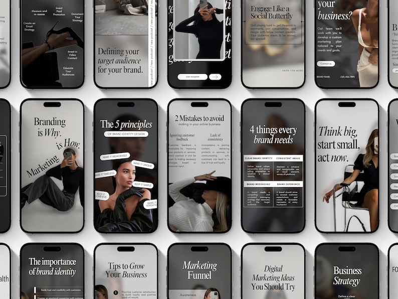 May include: A collection of smartphones displaying marketing and branding tips. Each phone screen features text and images related to business strategy, social media engagement, and brand identity. The phones are arranged in a grid pattern.
