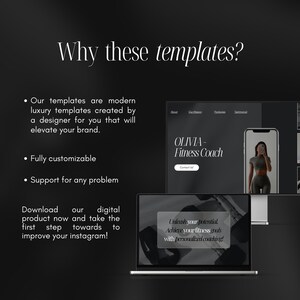 May include: A laptop computer screen displaying a website for a fitness coach. The website has a black background with white text and a photo of a woman in workout clothes. The text on the screen reads "OLIVIA - Fitness Coach" and "Unleash your potential. Achieve your fitness goals with personalized coaching!"