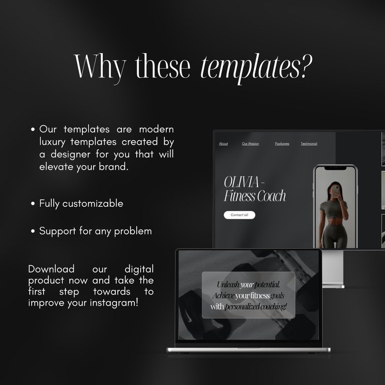 May include: A laptop computer screen displaying a website for a fitness coach. The website has a black background with white text and a photo of a woman in workout clothes. The text on the screen reads "OLIVIA - Fitness Coach" and "Unleash your potential. Achieve your fitness goals with personalized coaching!"