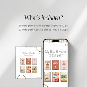 May include: A digital product display with the text "What's included?" and details about Instagram templates. The image shows a phone and a printout, both displaying "My Best 6 Books of the Year" with book covers.
