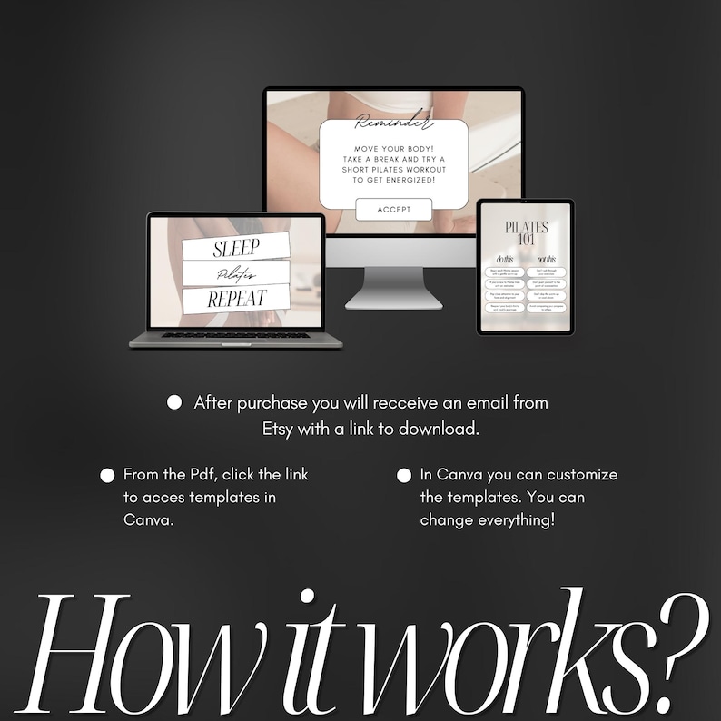 May include: A digital illustration showing how to use a set of printable Pilates templates. The image shows a laptop screen with a template that says "Sleep, Pilates, Repeat". A desktop computer screen shows a template that says "Move your body! Take a break and try a short Pilates workout to get energized!" A tablet shows a template that says "Pilates 101". The text below the images says "After purchase you will receive an email from Etsy with a link to download. From the Pdf, click the link to access templates in Canva. In Canva you can customize the templates. You can change everything! How it works?"