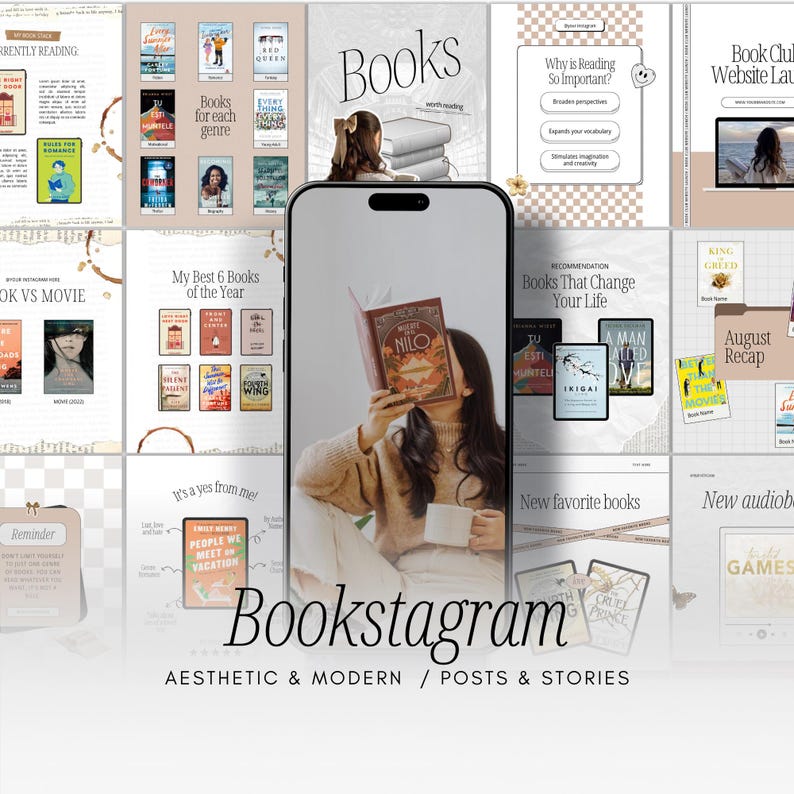 May include: Aesthetic social media posts about books. The image features a phone displaying a person reading a book, surrounded by book covers and text. The word "Bookstagram" is displayed at the bottom, along with "Aesthetic & Modern / Posts & Stories."