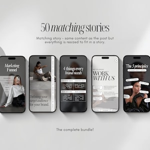 May include: A collection of six smartphones displaying social media story templates. The screens feature text like "Marketing Funnel," "4 things every brand needs," and "Work With Us." The phrase "50 matching stories" is at the top.