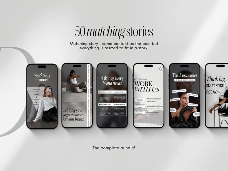 May include: A collection of six smartphones displaying social media story templates. The screens feature text like "Marketing Funnel," "4 things every brand needs," and "Work With Us." The phrase "50 matching stories" is at the top.