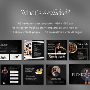 Op de afbeelding: Een verzameling van negen Instagram-posttemplates voor een fitnesscoach. De templates hebben zwart-wit ontwerpen met tekst die "Onze doelen", "Maple Nut Granola", "Fitness coach", "Workout thuis", "Hoeveel hoogwaardige eiwitten heb je nodig?", "Consistentie is de sleutel: resultaten zijn de beloning", "Prote&iuml;neballetjes" en "FITNESS" omvat.