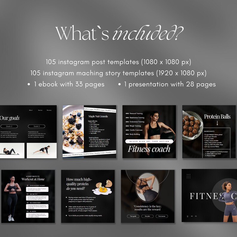 Op de afbeelding: Een verzameling van negen Instagram-posttemplates voor een fitnesscoach. De templates hebben zwart-wit ontwerpen met tekst die "Onze doelen", "Maple Nut Granola", "Fitness coach", "Workout thuis", "Hoeveel hoogwaardige eiwitten heb je nodig?", "Consistentie is de sleutel: resultaten zijn de beloning", "Prote&iuml;neballetjes" en "FITNESS" omvat.