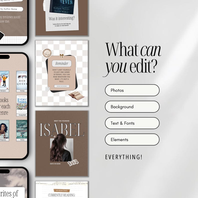 May include: A digital marketing image with a neutral color palette. The image features mockups of book covers, a reminder note, and text that reads "What can you edit?" with options for photos, background, text, and elements.