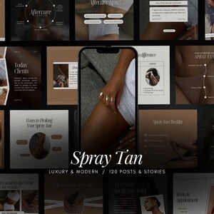 Könnte beinhalten: Eine Collage von Bildern, die Spray Tans bewirbt. Die Bilder zeigen das gebräunte Bein einer Frau, einen Telefonbildschirm mit dem Text "Spray Tan" und verschiedene textbasierte Grafiken mit Informationen über Spray Tans, wie z. B. "Wie oft sollte ich peelen?" und "Wie verlängere ich meine Spray Tan?".