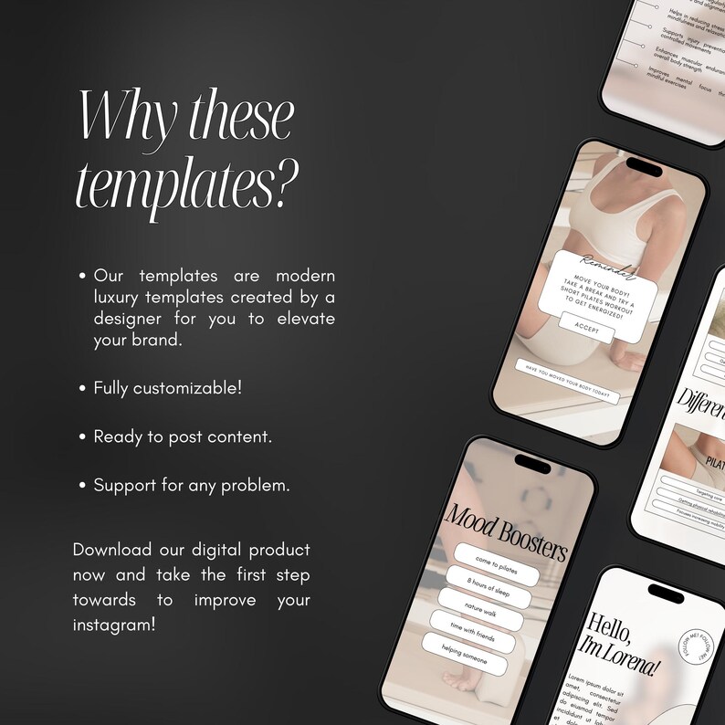 May include: A digital marketing template for Instagram featuring a phone screen with the text "Mood Boosters" and a list of mood-boosting activities. The template is designed to help users improve their mental well-being.