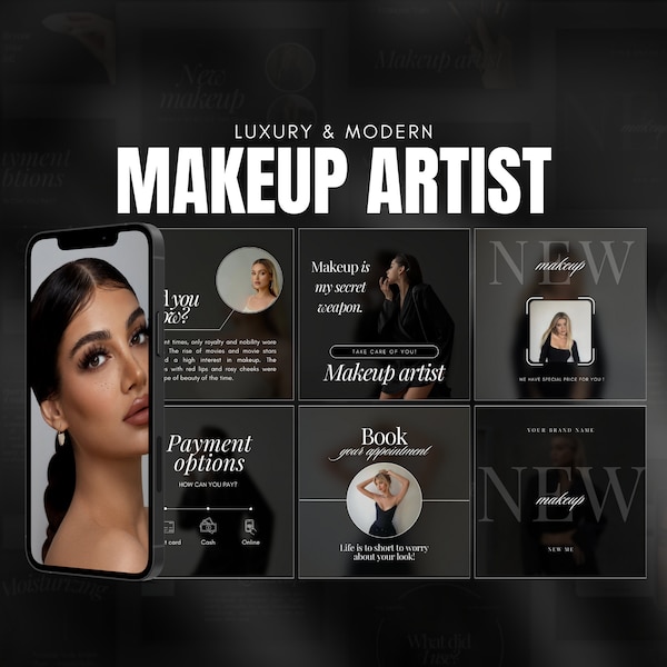 100 Luxus Make-up Artist Instagram-Vorlagen | Schwarze Make-up-Vorlagen | Schönheitssalon Vorlagen | Make-up Instagram-Beitrag | Leinwand für soziale Medien