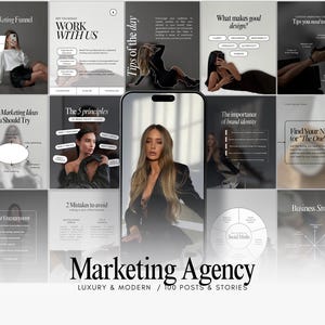 May include: A collage of social media posts with a marketing theme. The posts feature images of women, text, and graphics. The text includes phrases like "Marketing Agency," "Luxury & Modern," and "100 Posts & Stories."