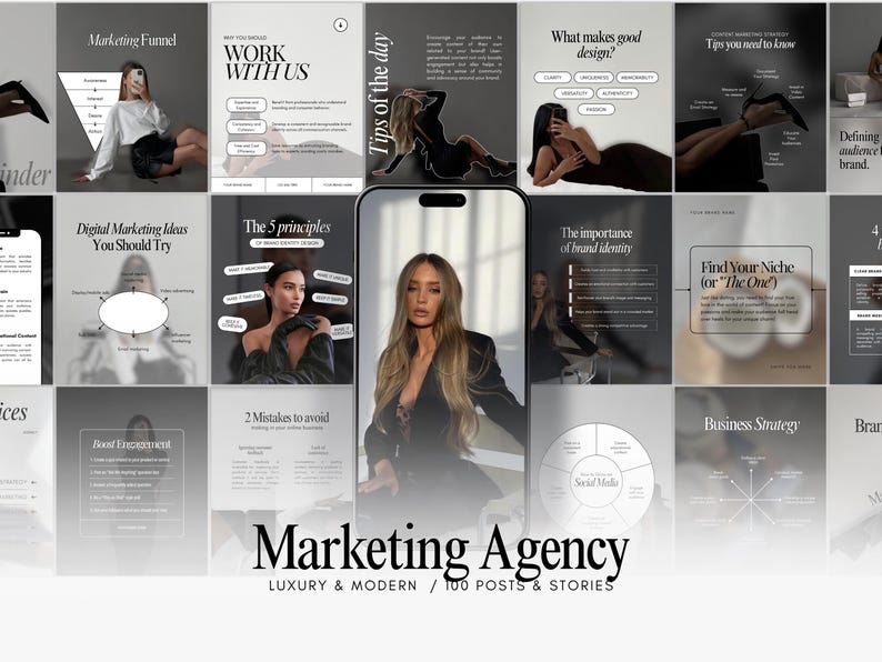 May include: A collage of social media posts with a marketing theme. The posts feature images of women, text, and graphics. The text includes phrases like "Marketing Agency," "Luxury & Modern," and "100 Posts & Stories."