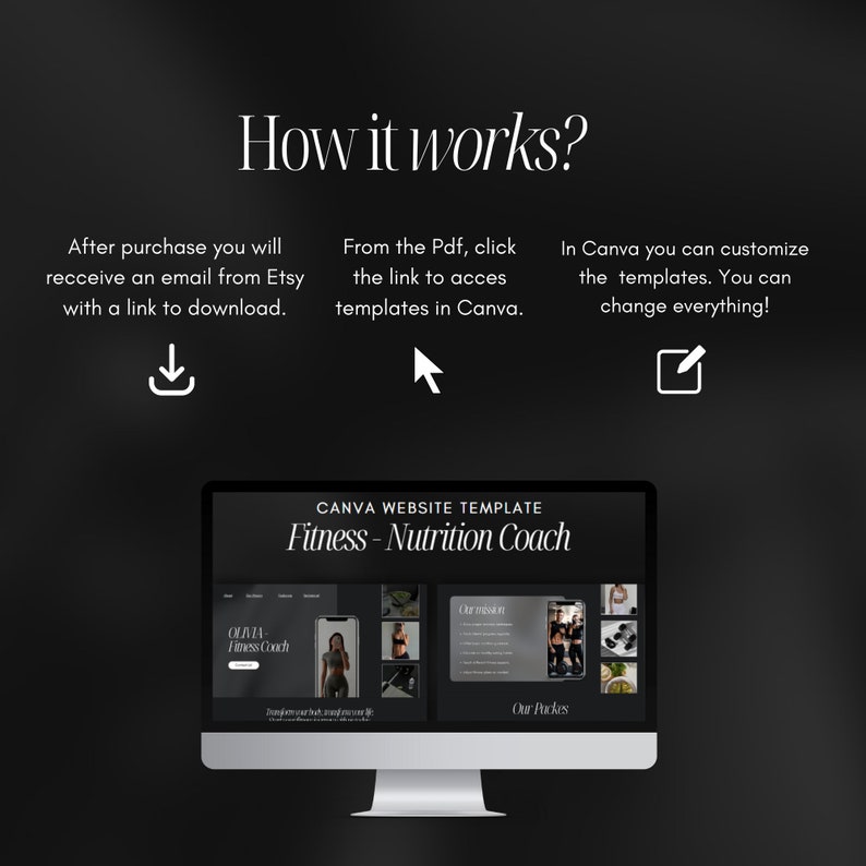 May include: A computer screen displaying a website template for a fitness and nutrition coach. The template features a black and white color scheme with images of people exercising. The text on the screen reads "CANVA WEBSITE TEMPLATE Fitness - Nutrition Coach".