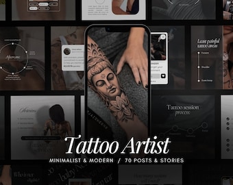 May include: A collage of images promoting tattoo artist services. The images include a close-up of a tattoo in progress, a phone screen with a reminder to book an appointment, and a graphic showing the least painful areas to get a tattoo. The text "Tattoo Artist" is featured in large, bold letters.