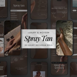 Könnte beinhalten: Eine Collage von Bildern, die Spraytan-Dienstleistungen bewerben. Die Bilder zeigen verschiedene Models mit gebräunter Haut sowie Text, der die Vorteile von Spraytanning hervorhebt, wie z. B. eine sichere, temporäre und anpassbare Bräune. Der Text enthält auch die Sätze "LUXURY & MODERN SPRAY TAN" und "20 LUXURY INSTAGRAM REELS".