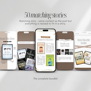 May include: A digital display of book covers and mockups, including "Red Queen" and "Fourth Wing." The image features the text "50 matching stories" and "The complete bundle!" The display showcases book recommendations and reading lists.